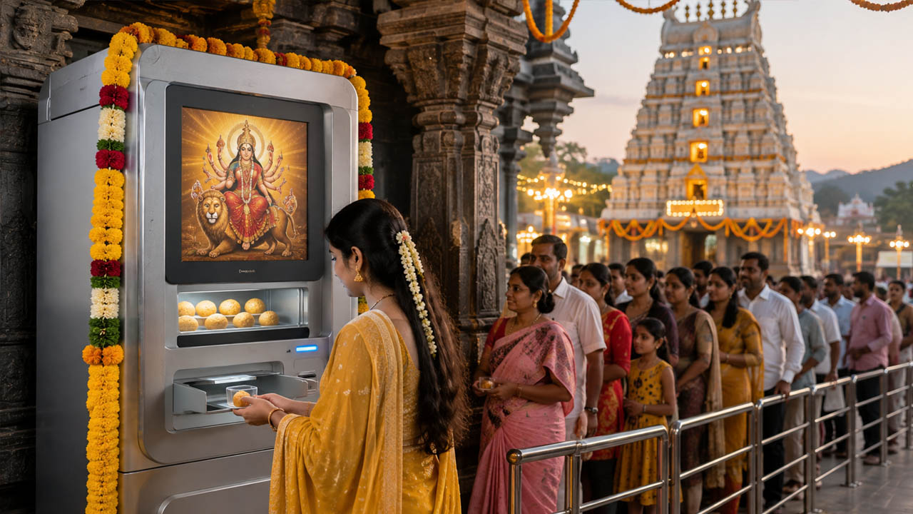 విజయవాడ దుర్గమ్మ ఆలయంలో లడ్డూ ఏటీఎంలు: ఇక నిమిషాల్లో ప్రసాదం